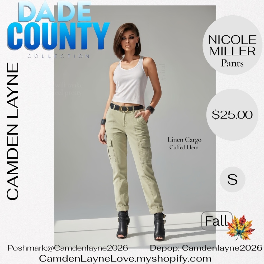 Nicole Miller Cream Linen Cargo Pants with Cuffed Hem